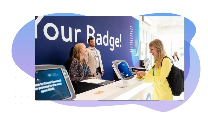 Event check-in station with attendees