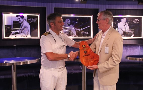 Captain Catalani and Michael Weetch. Officials at the Bridgetown Port welcomed the Carnival Sunshine on its inaugural visit to Barbados last Friday. Captain Catalani and Michael Weetch. Officials at the Bridgetown Port welcomed the Carnival Sunshine on its inaugural visit to Barbados last Friday.
