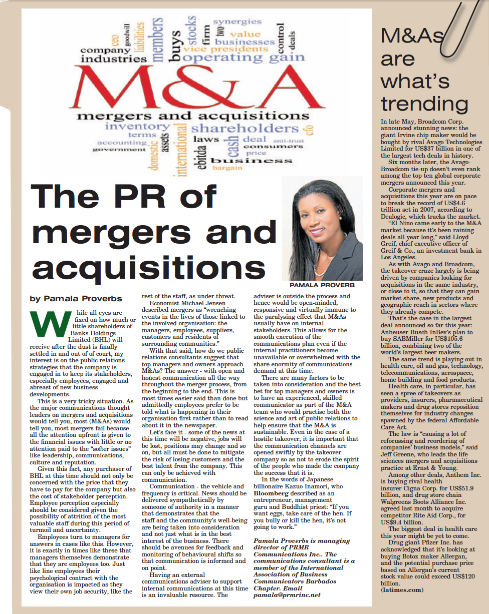 The PR of Mergers and Acquisitions in the Caribbean by Pamala Proverbs Director of PRMR Inc.